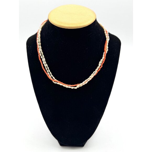 3 Strand Necklace With Coral Beads And Freshwater Pearl Seed Beads Vintage - Picture 1 of 5